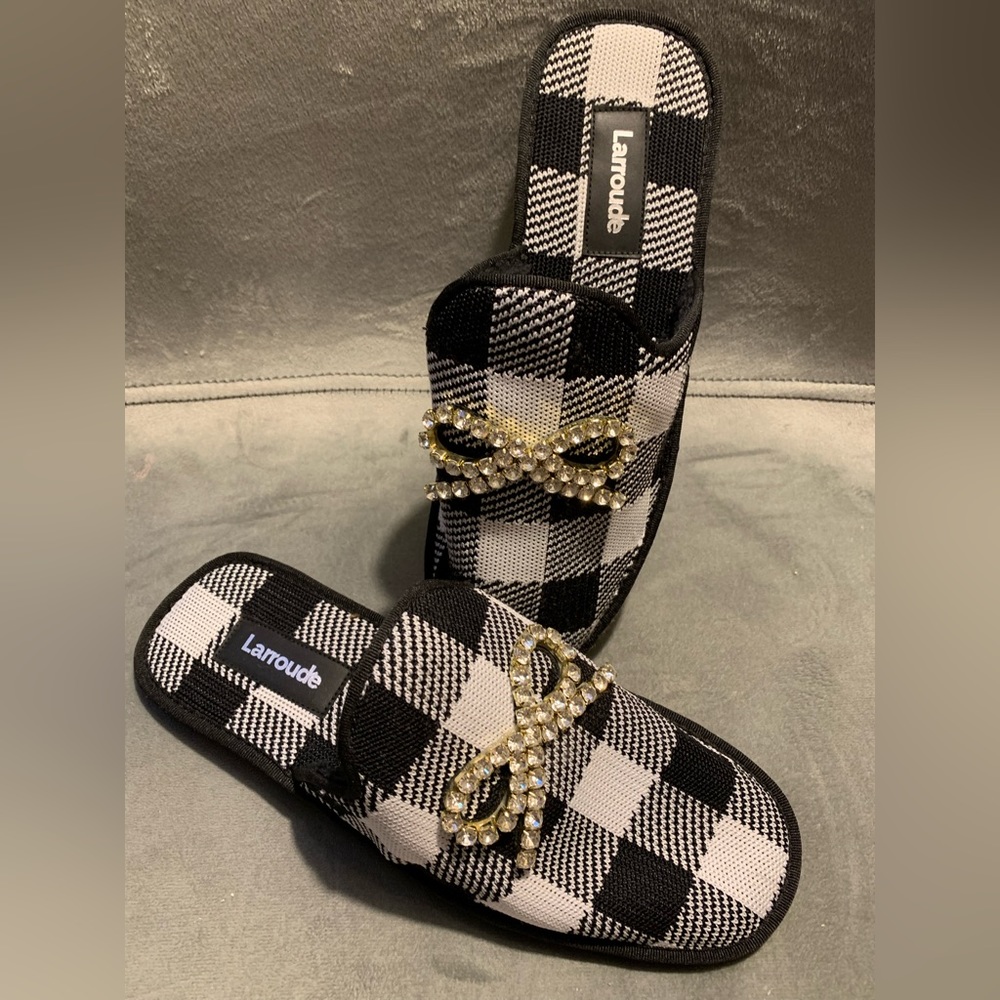 Larroude black gingham slipper mule size 7 New